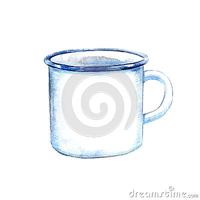 Enameled mug.Tourist and camping attributes. Cartoon Illustration