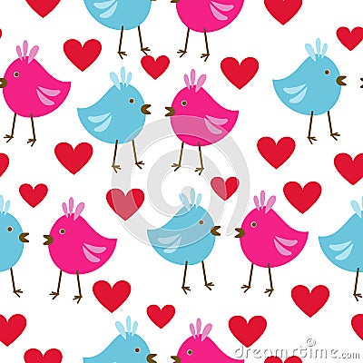 Enamored birds seamless pattern, pink and blue birds and bright red hearts on a white background Vector Illustration