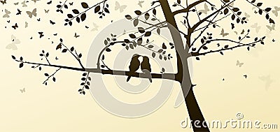 Enamored Birds Sitting on a Tree in a Romantic Setting Vector Illustration