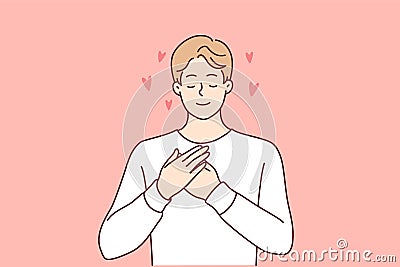 Enamored man puts hands on chest and closes eyes remembering girlfriend. Vector image Vector Illustration