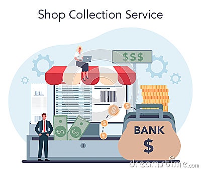 Encashment concept. Shop collecting service. Armored cash truck Vector Illustration