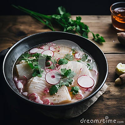 Encebollado: Hearty Ecuadorian Fish Soup with Yuca and Pickled Onion Stock Photo
