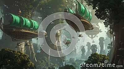 Enchanted Airships Floating in a Verdant Misty Forest City Stock Photo