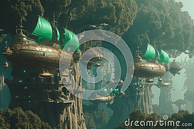 Enchanted Airships Floating in a Verdant Misty Forest City Stock Photo