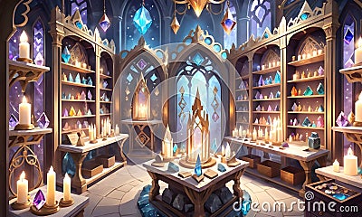 Enchanted alcove adorned with bewitched gemstones. Amulets concept. Fairy tale background. Extra wide banner. AI Cartoon Illustration