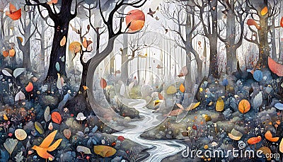 Enchanted Autumn Forest with Colorful Foliage and Whimsical Birds Stock Photo
