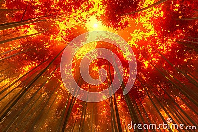 Enchanted Autumn Forest Scene with Golden Sunlight Filtering Through Vivid Red and Orange Foliage Stock Photo