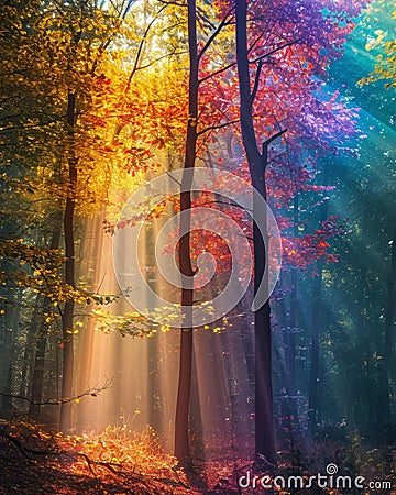 Enchanted Autumn Forest with Sunrays Stock Photo