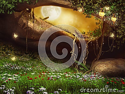 Enchanted cave with flowers Stock Photo