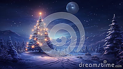 Enchanted Christmas Night: Magical Scene with Illuminated Christmas Tree Stock Photo