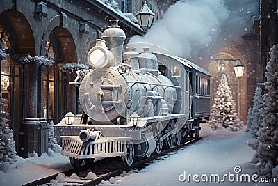 Enchanted Christmas train in winter town with Christmas tree, white tones Stock Photo