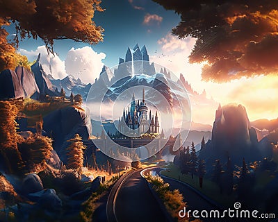 Enchanted Citadel: Fantasy Castle Amidst Majestic Mountains Cartoon Illustration