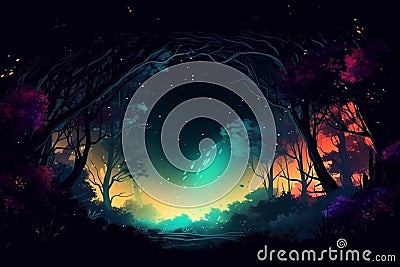 Enchanted dark forest multicolored space for text. AI Generative Stock Photo