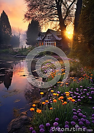 Enchanted Dreams: A Luxurious Wooden Cottage Near a River, Trees Stock Photo