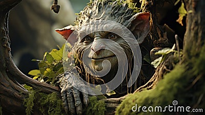 Enchanted Encounters: The Adorable Troll Peeking from the Tree Stock Photo