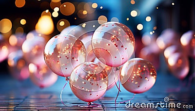 Enchanted Evening Balloons. Translucent balloons with sparkling lights inside, set against a backdrop of city bokeh, evoking a Stock Photo