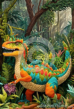 An enchanted exotics dinosaur with 3D embroidered pattern, in mythical forest, with tree, plant, nestled in lush, digital painting Stock Photo