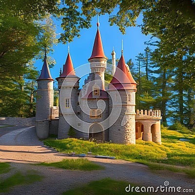 1229 Enchanted Fairy Tale Castle: A magical and enchanting background featuring an enchanted fairy tale castle with turrets, tow Stock Photo