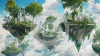 Enchanted Floating Islands with Crystalline Structures. Serene islands levitating with trees and crystal formations Stock Photo