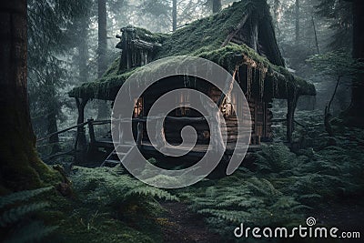 Enchanted Forest Cabin: Home to Witches and Sorcerers. Perfect for Halloween Invitations. Stock Photo