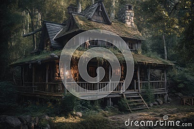 Enchanted Forest Cabin with Witches and Sorcerers. Perfect for Halloween Invitations. Stock Photo