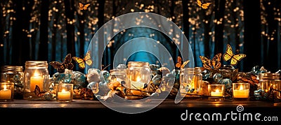 Enchanted forest clearing with fireflies, fairies, and woodland creatures under magical fairy aura Stock Photo