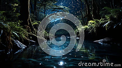 Enchanted forest clearing at midnight with fireflies and fairies celebrating in sparkling glow Stock Photo