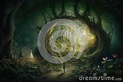 enchanted forest with fairies, elves, and magical creatures Stock Photo