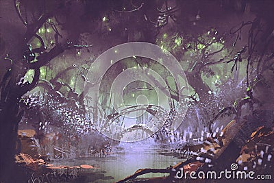 Enchanted forest,fantasy landscape Cartoon Illustration