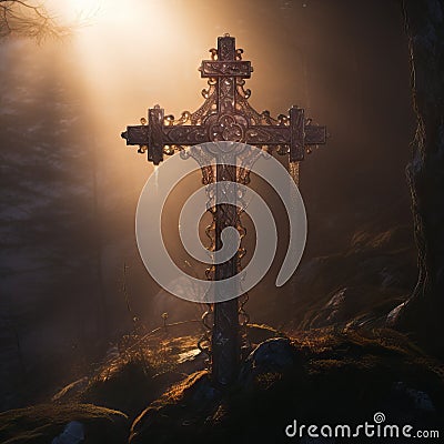 Enchanted Forest: Iron Wrought Cross Decorated with Crystals on Misty Hillside AI Generated Cartoon Illustration