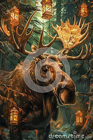 Enchanted Forest King Majestic Moose with Glowing Antlers Surrounded by Mystical Lanterns in a Magical Woodland Stock Photo
