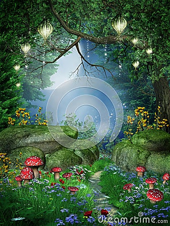 Enchanted forest with lanterns Stock Photo