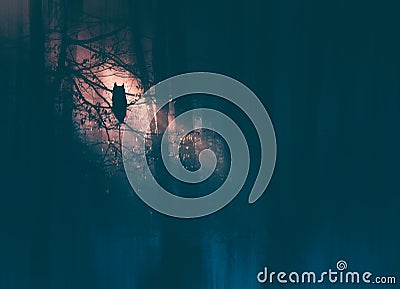 Magic, mysterious forest with trees in fog. Halloween concept Stock Photo