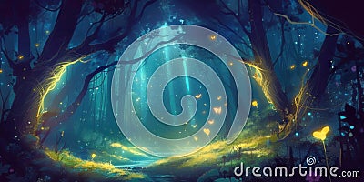 Enchanted forest at night filled with golden glow from magical flowers and butterflies, fairy tale landscape. Generative AI Cartoon Illustration