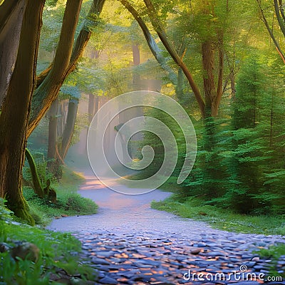 615 Enchanted Forest Path: A magical and enchanting background featuring an enchanted forest path with mystical elements in soft Stock Photo