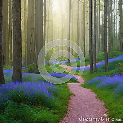 475 Enchanted Forest Path: A mystical and enchanting background featuring a forest path with enchanting elements in soft and enc Stock Photo