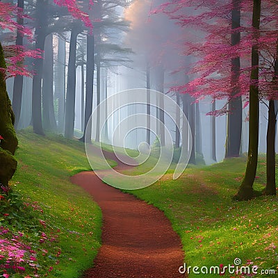 475 Enchanted Forest Path: A mystical and enchanting background featuring a forest path with enchanting elements in soft and enc Stock Photo