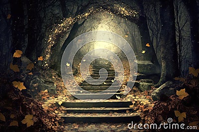 Enchanted Forest Path with Step Stairs. Landscape Glittering Leaves Magic Generative AI Stock Photo