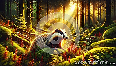 Enchanted forest scene with a badger amidst lush greenery and sunbeams piercing through the trees Stock Photo