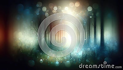 Enchanted Forest Scene with Magical Lights and Misty Atmosphere, AI Generated Stock Photo