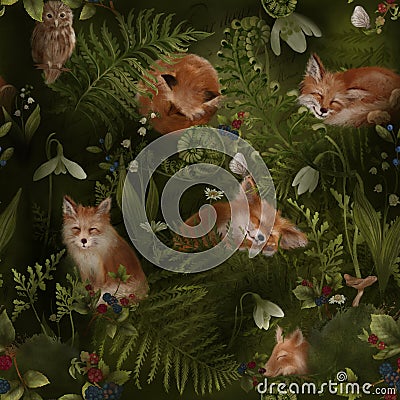 Enchanted forest. Seamless pattern. Sleeping Foxes, flowers and berries on green dark background Stock Photo