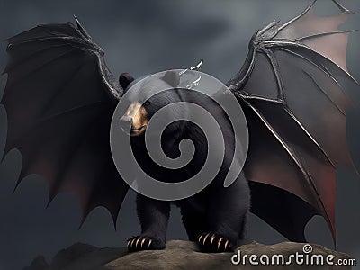 Enchanted Fusion: Captivating Bear with Wing Dark Dragon Picture Stock Photo