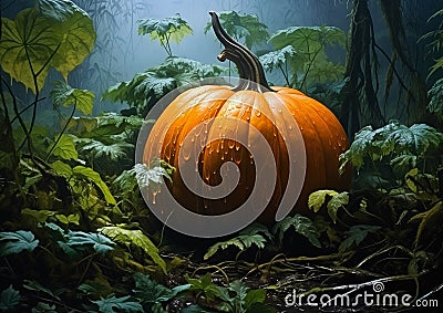 Enchanted Glow: A Hauntingly Beautiful Pumpkin in the Misty Fore Stock Photo