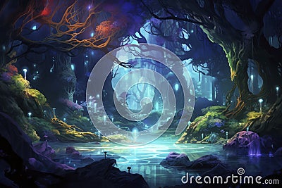 Enchanted Glowing Forest with Mystical Lake Stock Photo