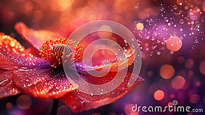 Enchanted glowing red flower with morning dew and warm bokeh light captures the essence of a fresh new day. Stock Photo