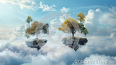 Enchanted Isles , Surreal Floating Clouds and Trees in Fantasy Land. Generative Ai Stock Photo