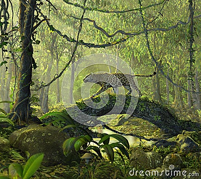 Enchanted Jungle Forest with a Panther Cat Stock Photo