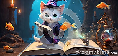 Enchanted Kitty in a Wizard& x27;s Library Stock Photo