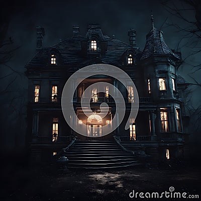 Enchanted Midnight: Creepy Manor Amidst a Dark Knight. Created using Ai Stock Photo