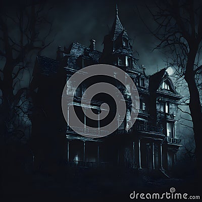 Enchanted Midnight: Creepy Manor Amidst a Dark Knight. Created using Ai Stock Photo